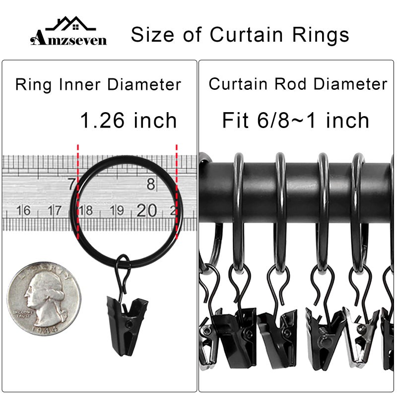 AMZSEVEN 40 Pack Curtain Rings with Clips, Drapery Clips with Rings, Drapes Rings 1.26 in Interior Diameter, Fits up to 1 in Curtain Rod, Black - Image 3